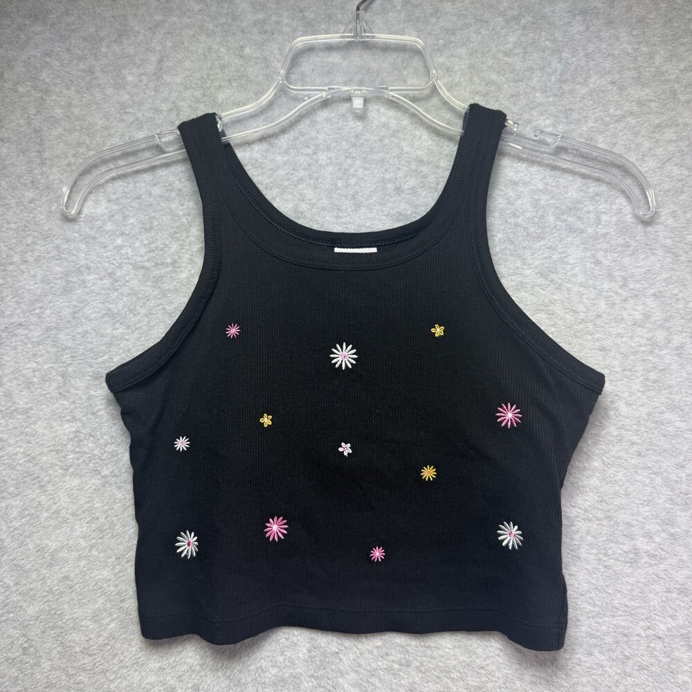 PINK Victorias Secret Crop Top Women Small Black Embroidered Floral Hippie Boho
